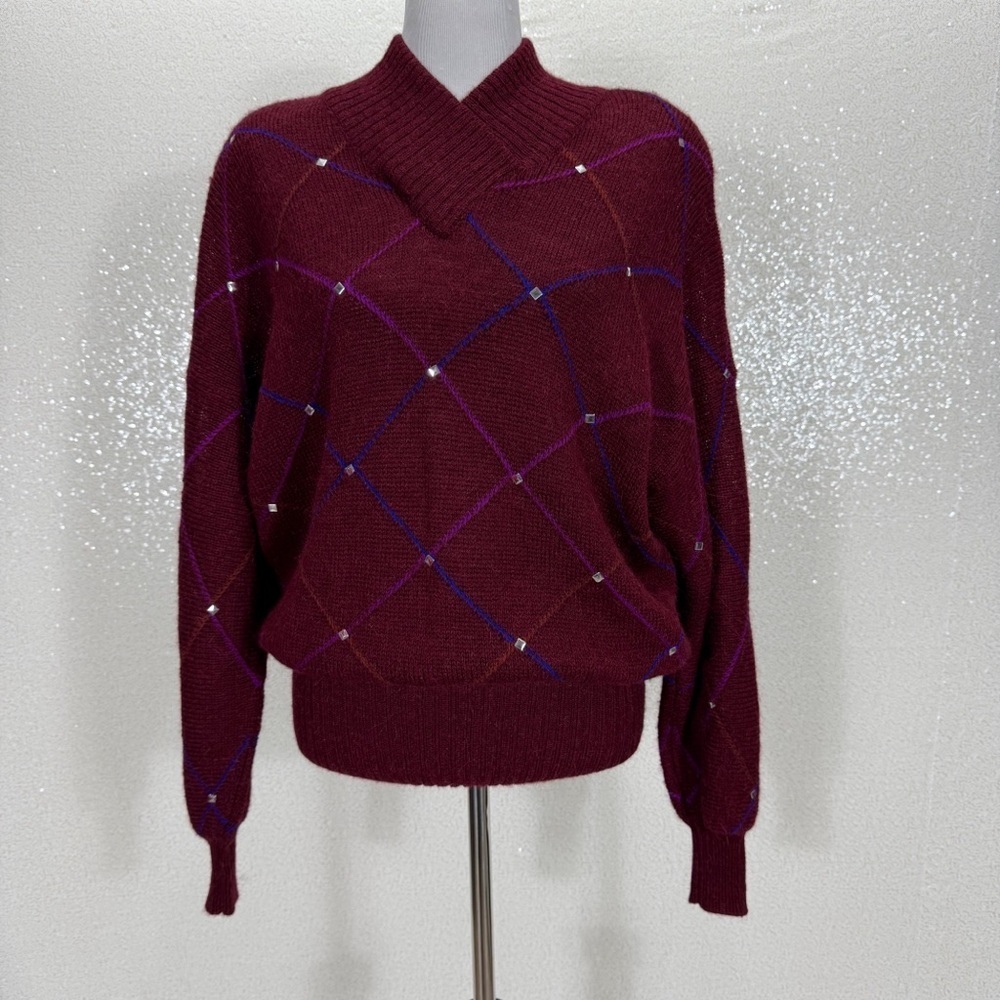 Krizia Maglia Vintage Alpaca Wool Sweater M Burgundy Argyle Stud Embellished